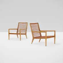lounge chairs model no. 155, pair by T. H. Robsjohn-Gibbings, c. 1969 / 1978, walnut, leather, upholstery, sold Mar 2018