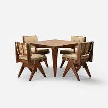 cafeteria table and four chairs from Chandigarh by Pierre Jeanneret, c. 1959, teak, upholstery, cane, sold Mar 2018
