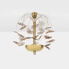 Rare and Important chandelier by Paavo Tynell, c. 1948, perforated and enameled brass, sold Mar 2018