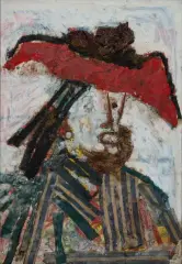 Homme barbu au chapeau by Armand Avril, 2003, Huile et assemblages éléments textiles, végétaux et de récupération, sur un carton peint,, sold Oct 2026