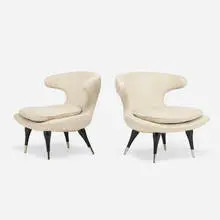 lounge chairs, pair by Mid-Century Modern, c. 1960, vinyl, painted wood, chromed metal, sold Aug 2020
