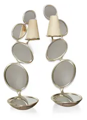 Paire de tables de chevet en applique dites " Mulus by Hubert Le Gall, 2003, Structure en bronze doré à la feuille d'or blanc, miroirs et tiroir en bois laqué gris, sold Sep 2016
