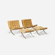 Barcelona chairs and ottomans, pair by Ludwig Mies van der Rohe, leather, stainless steel, sold Aug 2017