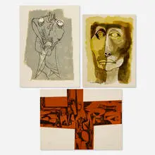 three works by Oswaldo Guayasamín, etching, etching and aquatint in colors, watercolor and ink on paper, sold Aug 2020