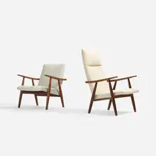lounge chair, model GE260 and lounge chair, model GE260A by Hans J. Wegner, 1950, teak, upholstery, sold Aug 2017
