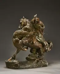 Fauve attaquant un cavalier arabe Groupe by Antonio Vanetti, Terre cuite à patine brun nuancé et polychrome, sold Nov 2016
