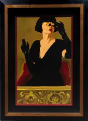 Woman with Binoculars and Gloves by Linda Kyser Smith, serigraph, sold Oct 2026