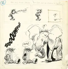 Gaston Lagaffe by André Franquin, Encre de Chine pour la couverture du journal Spirou n°1554 publié le 25 janvier 1968. Petite rustine au niveau de l'oise, sold Nov 2016