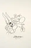 Astérix et Obélix by Albert Uderzo, Feutre noir sur paperboard pour un grand dessin dédicace. Signé et encadré., sold Nov 2016