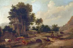 Country scene with cattle and figures by a bridge, by Edward Charles Williams, oil on canvas,, sold Dec 2008