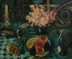 Still Life with Fruit, Flowers and a Bottle by Daniel O'Neill, oil on canvas, sold Oct 2026