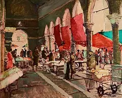 Fish Market, Rialto, Venice by Cecil Maguire, oil on board, sold Oct 2026