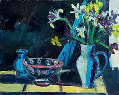 Coloured Bowl and Irises by Brian Ballard, 2024, oil on canvas, sold Oct 2026