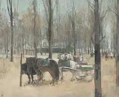 Horses and carts in the park by Tom Coates, oil, sold Oct 2026
