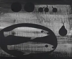 Still life with fish and fruit by Mary Fedden, oil, sold Oct 2026