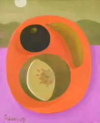 Still life with melon and banana by Mary Fedden, oil, sold Oct 2026