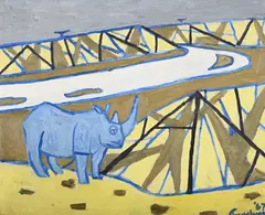 Rhino in a river landscape by Julian Trevelyan, oil, offered Oct 2026