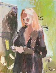 Woman reading her visa statement by Neal Tait, oil, offered Oct 2026