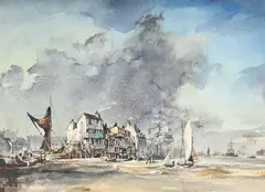 Tall ships and thames barge in an estuary by Rowland Hilder, drawing, offered Oct 2026