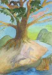 Man on horseback passing by a tree by Ken Kiff, drawing, sold Oct 2026