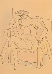 Pe gânduri (Yvonne Cousin) by Theodor Pallady, anii '50, tuș și creioane colorate pe hârtie, sold Oct 2026