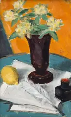 Natură statică cu iasomie și pană de scris by Theodor Pallady, anii '30, ulei pe pânză lipită pe carton, sold Oct 2026