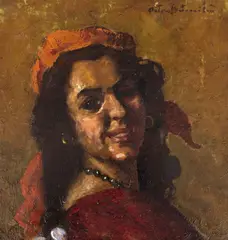 Chivuță cu mărgele roșii by Octav Băncilă, cca. 1914, ulei pe pânză, sold Oct 2026