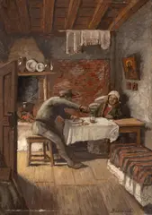 Interior românesc (În permisie) by Ludovic Bassarab, a doua jumătate a anilor '20, ulei pe pânză, sold Oct 2026