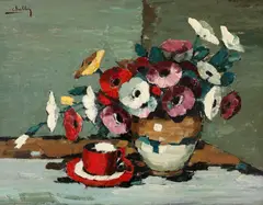 Anemone și ceșcuță de cafea by Jean Cheller, ulei pe carton, sold Oct 2026