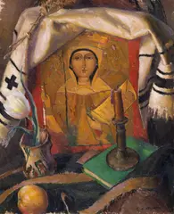 Colț de rugăciune by Leon Biju, cca. 1928, ulei pe carton, sold Oct 2026