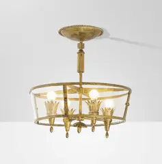 Suspension by Gilbert Poillerat, Fer forgé doré, verre, sold Oct 2026