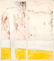 Deserto + Oasi + Deserto by Mario Schifano, émail sur toile, sold Oct 2026