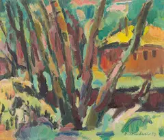 Landschaft mit Bäumen und Haus by Else Lohmann, 1959, Öl auf Papier, sold Jun 2016