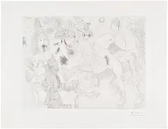 Dressage au cirque, avec, au premier plan, écuyère, magicien, fauconnier et la colombe de Noé (Circus Training, Featuring, in the Foreground, an Equestrian, a Magician, a Falconer, and Noah's Dove), plate 36 from Série 156 (Bl. 1891, Ba. 1897) by Pablo Picasso, 1970, Etching, on Rives BFK paper, with full margins, sold Oct 2026