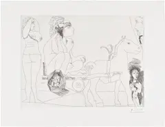 Degas rêvant. Couple en charrette Sicilienne, femme et jeune homme en toge (Degas Dreaming. Couple in a Sicilian Cart, Woman and Young Man in a Toga), plate 113 from Série 156 (Bl. 1968, Ba. 1977) by Pablo Picasso, 1971, Etching, on Rives BFK paper, with full margins, offered Oct 2026