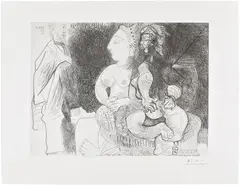 Degas aux bottines à élastiques et deux filles, dont une sur une chaise capitonnée Napoléon III (Degas Wearing Elastic-Sided Boots, and Two Girls, One of Whom is Seated on a Button-Tufted Napoleon III Chair), plate 91 from Série 156 (Bl. 1946, Ba. 1955) by Pablo Picasso, 1971, Etching, on Rives BFK paper, with full margins, offered Oct 2026
