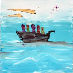 Men in a Boat by Genieve Figgis, 2019, acrylic on canvas, sold Oct 2026