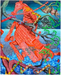 Red Horse in Rising Raging Waters by Andrew Schoultz, 2023, acrylic and paper collage on canvas, sold Oct 2026