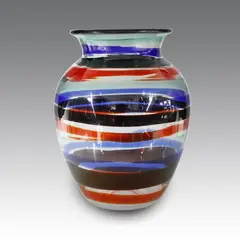 Vaso globulare, produzione Venini & C. - Italia by Fulvio Bianconi, 1955, Vaso globulare con collo svasato della serie a ”fasce” in vetro soffiato con decoro di canne orizzontali policrome, offered Jul 2026
