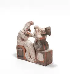 Pulcinella mit Familie by Robert Metzkes, 1997, Terrakotta, farbig gefasst, sold Nov 2025