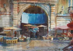 Entrance to the Fish Market, Catania by Alexander Creswell, watercolor, sold Oct 2026