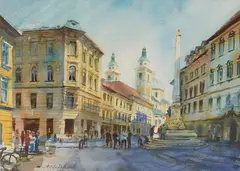 Slovenia, The Town Hall Square by Alexander Creswell, watercolor, sold Oct 2026