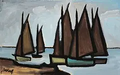 Boats by the Shore by Markey Robinson, gouache on card, sold Oct 2026