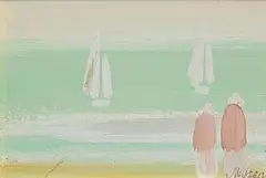 Shawlies Watching the Boats by Markey Robinson, gouache on card, offered Oct 2026