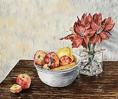 Still Life - Fruit and Flowers by Paul Gallagher, 2011, acrylic on canvas, sold Oct 2026