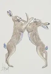 Dancing Hares by Anne Jolivet, watercolour on paper, sold Oct 2026