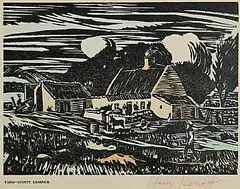 Farm, County Limerick by Harry Kernoff, hand-coloured woodcut, sold Oct 2026
