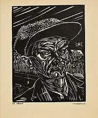 As Obair - Unemployed by Harry Kernoff, woodcut, sold Oct 2026