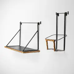 Wall-mounted shelves, set of two by Jacques Adnet, c. 1950, leather, wrought iron, bamboo, sold Oct 2026