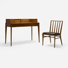 Desk and chair, model 1795 by T. H. Robsjohn-Gibbings, c. 1955, Desk features one drawer, two flip-top storage compartments, and two sliding doors concealing storage. Partial paper man, sold Oct 2026
